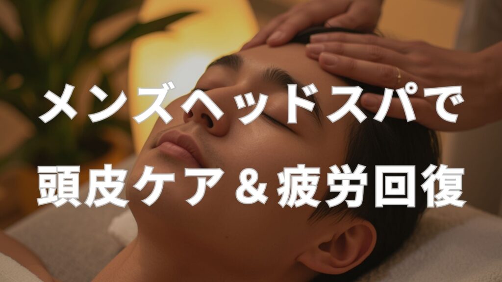 ヘッドスパの施術を受けてリラックスしている男性の写真。メンズヘッドスパで頭皮ケアと疲労回復が同時にできることを解説するRe+（リプラス）のブログ記事アイキャッチ画像。